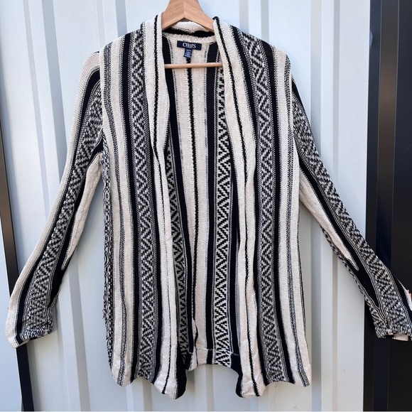 CHAPS DENIM Sweater Black Ivory Long Line Open Front Cardigan Knit Cotton Small - Picture 4 of 12